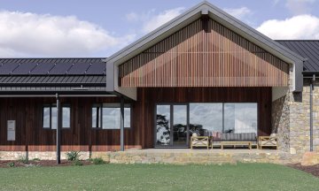 A close up of the front of Wilyabrup Farmhouse featuring Capral building systems
