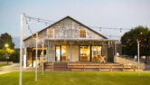 A hero shot of DonnyBrook's shed lit up at noon