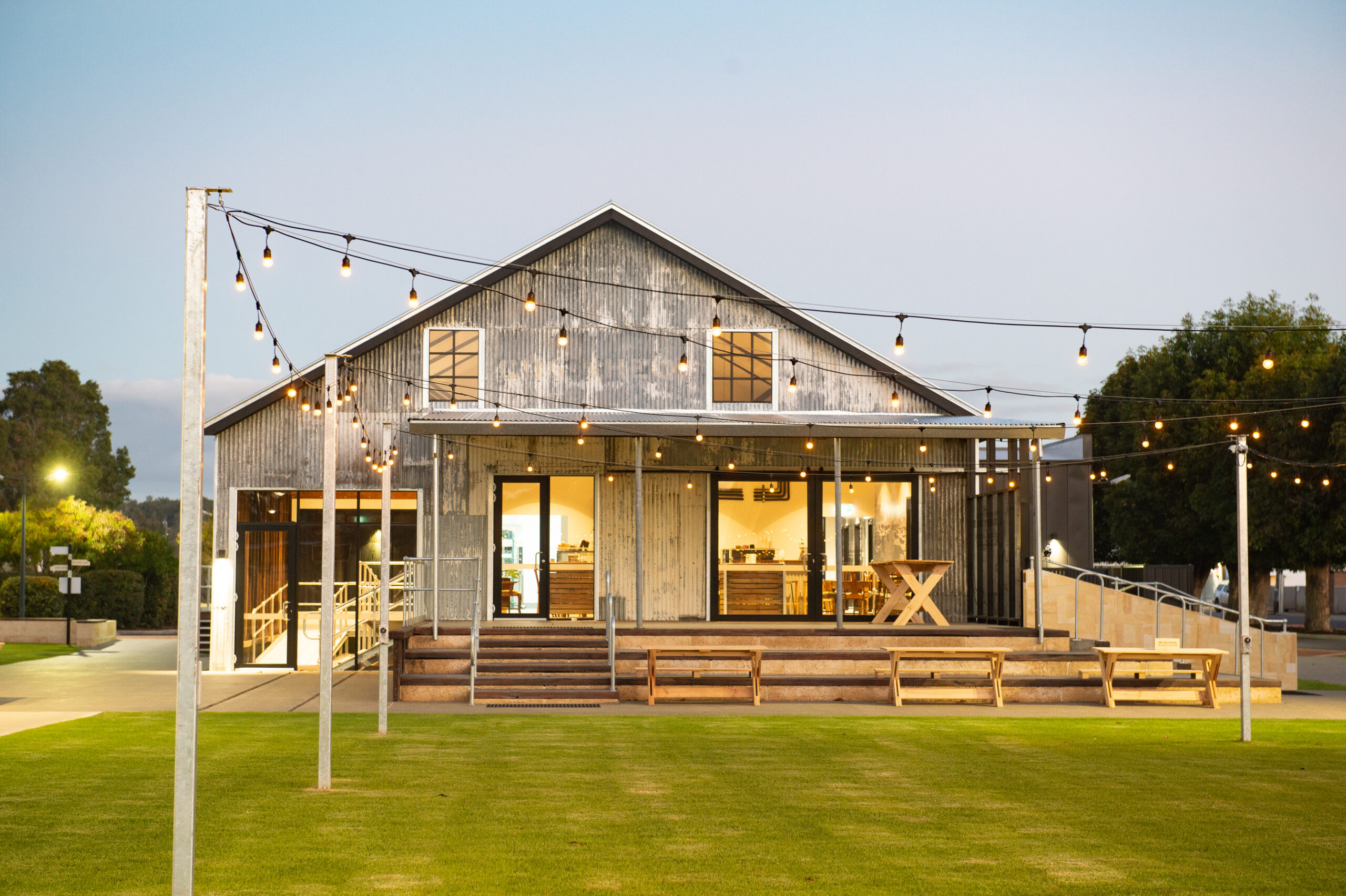 A hero shot of DonnyBrook's shed lit up at noon