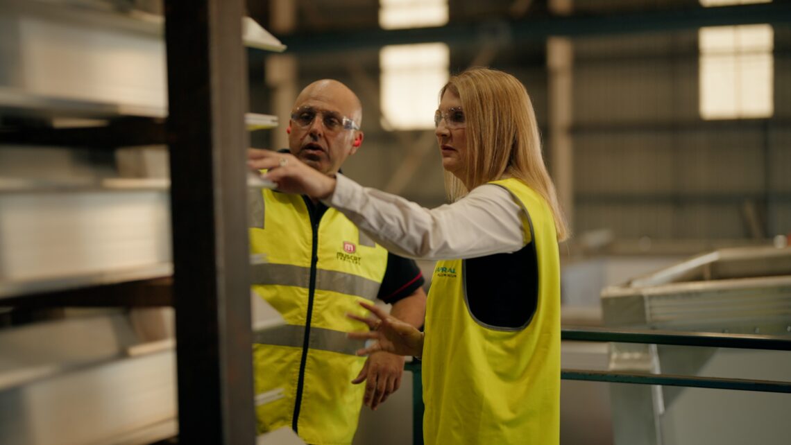 CEO of muscat trailers, Troy Azzopardi, taking Capral on a tour of Muscat Trailers