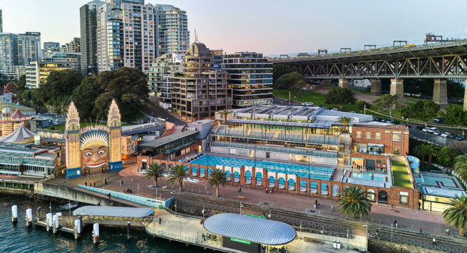 A drone shot of the North Sydney Pool completed with Capral Aluminium windows and doors